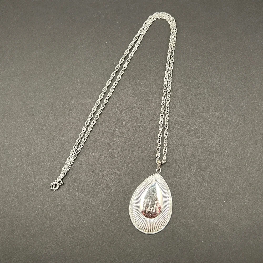 Vintage Coro Pegasus Monogram Pendant Necklace Silver Tone Teardrop Textured TLR